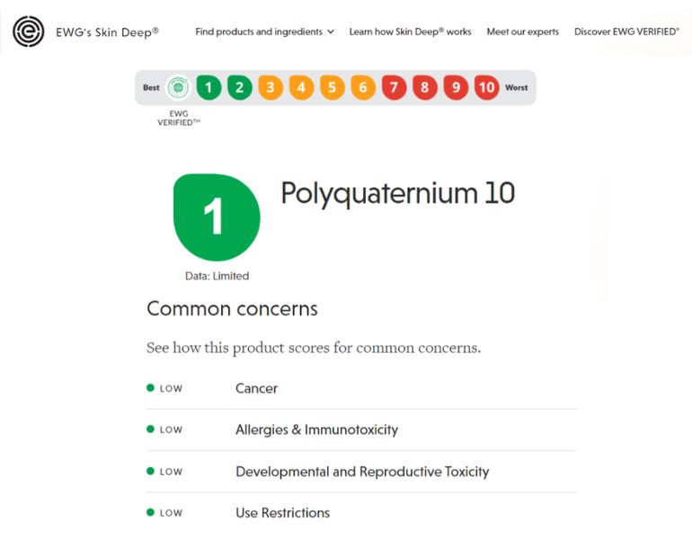 Thành phần polyquaternium-10 được EWG đánh giá là an toàn tuyệt đối cho người sử dụng