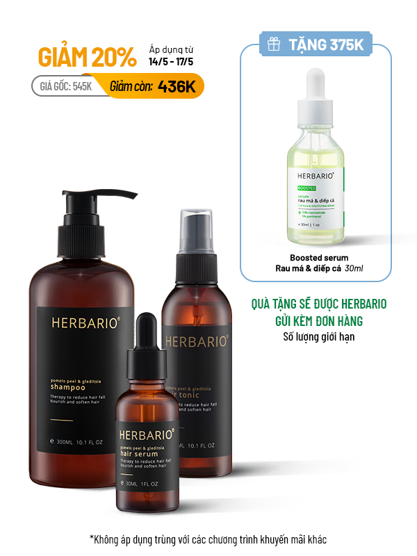 Bộ 3 sạch da đầu phục hồi tóc bồ kết & vỏ bưởi Herbario: Dầu gội 300ml + Serum tóc 30ml + Nước xịt dưỡng tóc 100ml