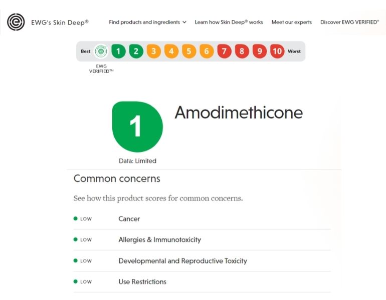 Thành phần amodimethicone được EWG đánh giá là an toàn tuyệt đối cho người sử dụng