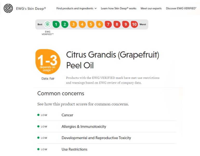 Thành phần citrus grandis peel oil được EWG đánh giá là an toàn cho người sử dụng