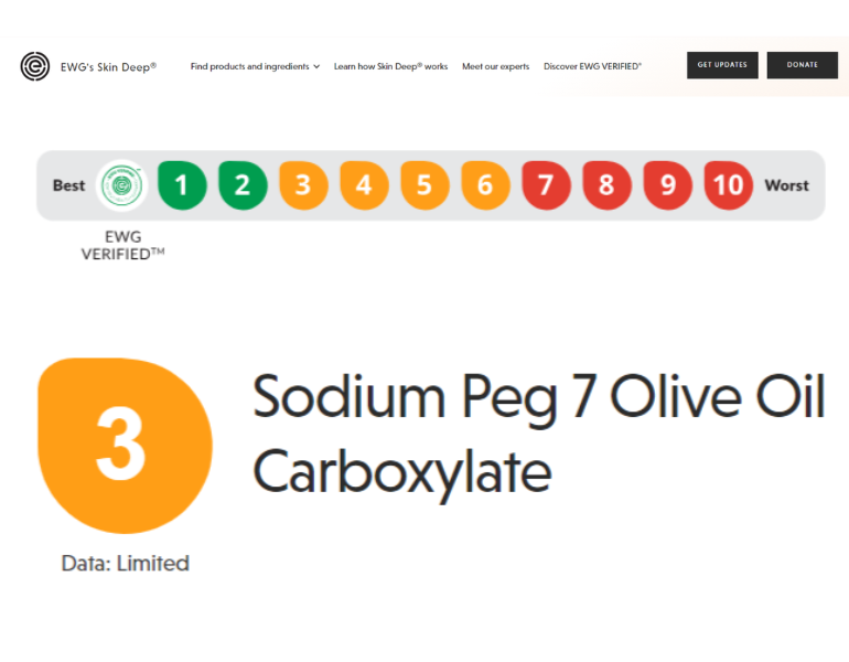 EWG đánh giá thành phần sodium PEG-7 olive oil carboxylate an toàn để sử dụng với thang điểm 3/10