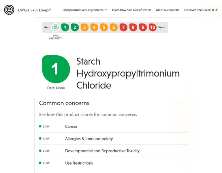 Thành phần starch hydroxypropyltrimonium chloride được EWG đánh giá là an toàn cho người sử dụng