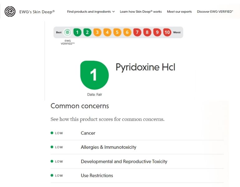 Pyridoxine hcl được EWG đánh giá là an toàn tuyệt đối với theo thang điểm 1/10