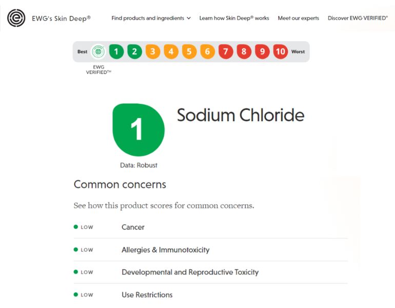 Thành phần sodium chloride được EWG đánh giá là an toàn cho người dùng