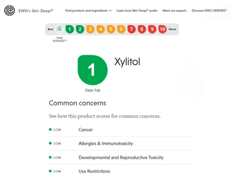 Thành phần xylitol an toàn cho người sử dụng theo đánh giá từ EWG