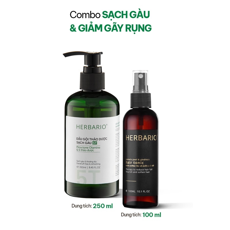 Combo Dầu gội thảo dược sạch gàu 5T Herbario 250ml + Xịt dưỡng tóc vỏ bưởi bồ kết Herbario 100ml com bo dau goi thao duoc 5T + xit duong toc vo buoi bo ket herbario