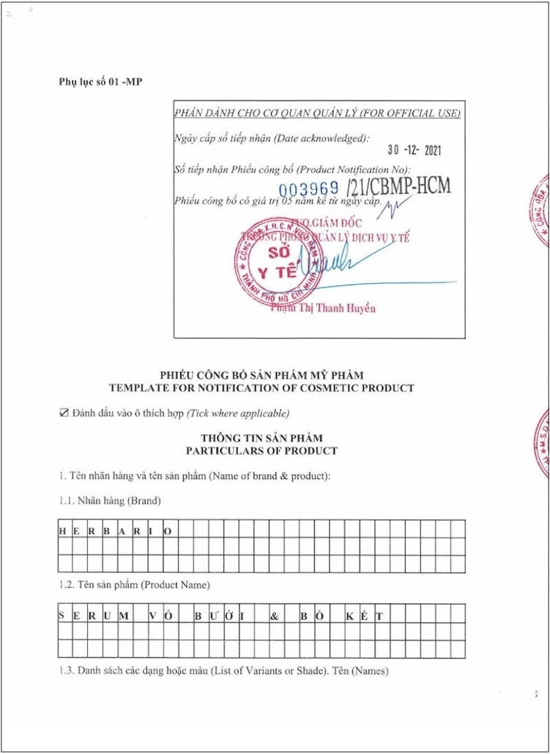 giay cong bo san pham serum vo buoi bo ket herbario