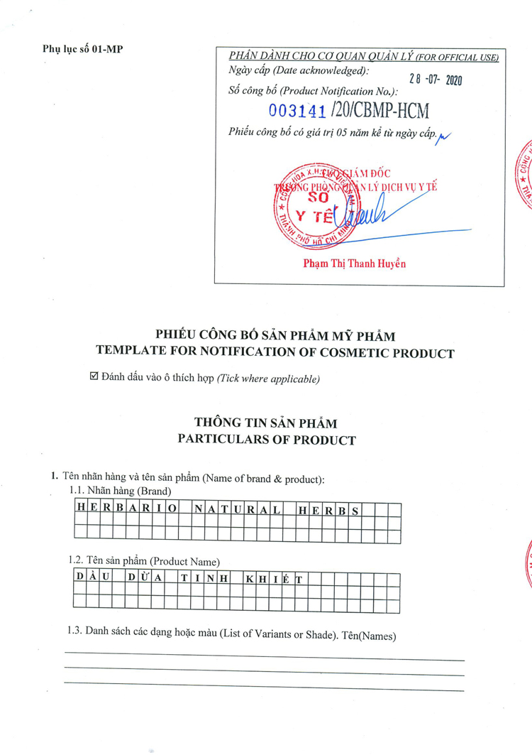 PHIẾU CÔNG BỐ DẦU DỪA TINH KHIẾT HERBARIO PHIẾU CÔNG BỐ DẦU DỪA TINH KHIẾT HERBARIO