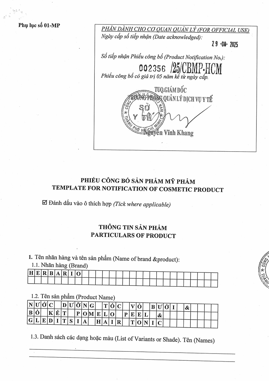 GIẤY CÔNG BỐ SẢN PHẨM NƯỚC DƯỠNG TÓC VỎ BƯỞI & BỒ KẾT HERBARIO SỞ Y TẾ CẤP
