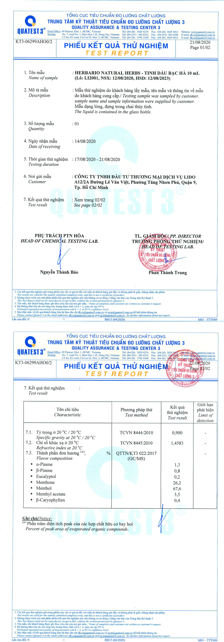 PHIẾU KẾT QUẢ KIỂM NHIỆM TINH DẦU BẠC HÀ HERBARIO PHIẾU KẾT QUẢ KIỂM NHIỆM TINH DẦU BẠC HÀ HERBARIO