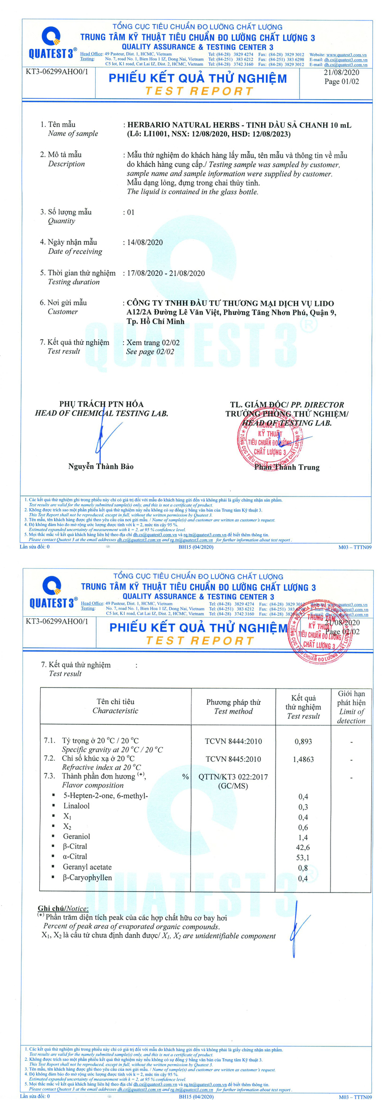 PHIẾU KẾT QUẢ KIỂM NHIỆM TINH DẦU SẢ CHANH NGUYÊN CHẤT HERBARIO