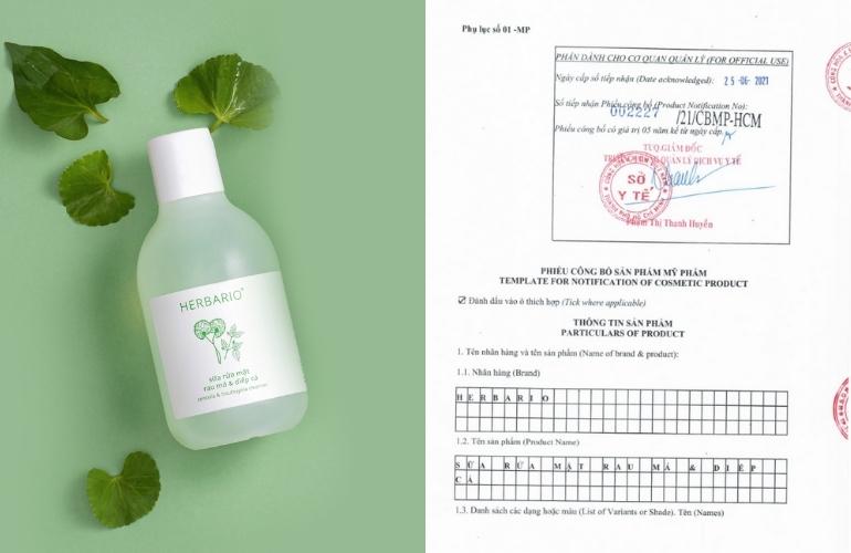 Sữa rửa mặt Herbario nhận được phiếu công bố sản phẩm từ Sở ý tế TPHCM