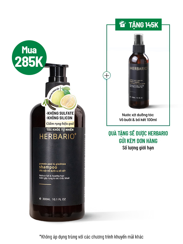 [BẢN NÂNG CẤP] Dầu gội vỏ bưởi & bồ kết Herbario 300ml TẶNG Xịt dưỡng tóc vỏ bưởi & bồ kết Herbario 100ml