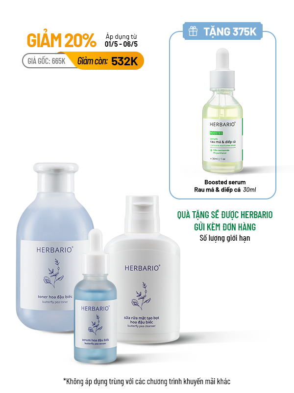 Bộ 3 cơ bản cấp ẩm da Hoa đậu biếc Herbario: Sữa rửa mặt 100ml + Serum 30ml + Toner 200ml 