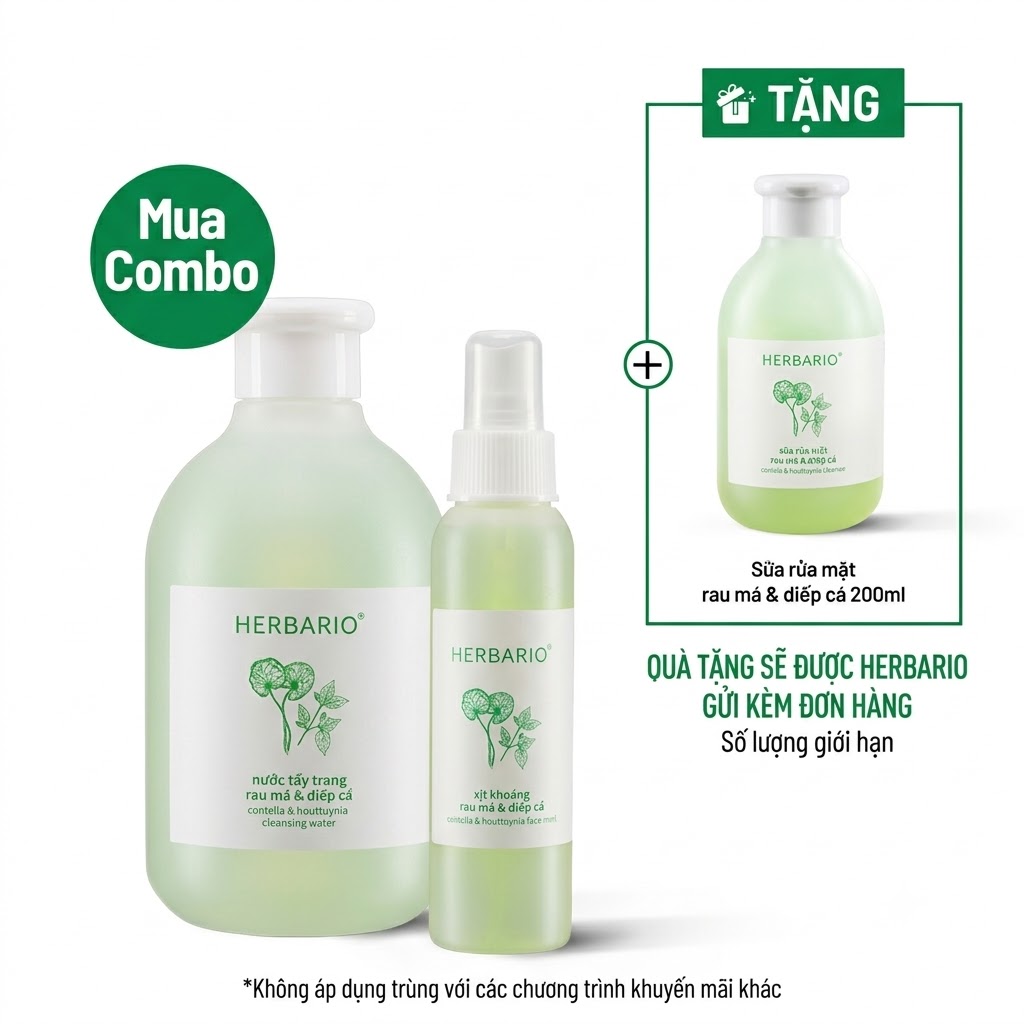 Bộ 3 rau má & diếp cá Herbario: Nước tẩy trang 300ml +  Xịt khoáng 100ml tặng Sữa rửa mặt rau má diếp cá 200ml