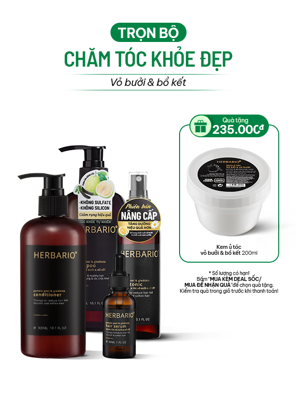 Bộ 4 chăm sóc tóc: Dầu gội vỏ bưởi bồ kết 300ml + Dầu xả vỏ bưởi bồ kết 300ml + Serum tóc vỏ bưởi bồ kết 30ml + Nước dưỡng tóc vỏ bưởi bồ kết 100ml Herbario