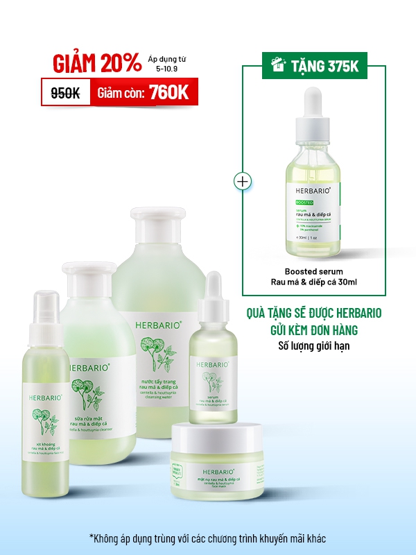 Bộ 5 Toàn diện cho da mụn Rau má & Diếp cá Herbario: Nước tẩy trang 300ml + Sữa rửa mặt 200ml + Mặt nạ 30ml + Serum 30ml + Xịt khoáng 100ml 