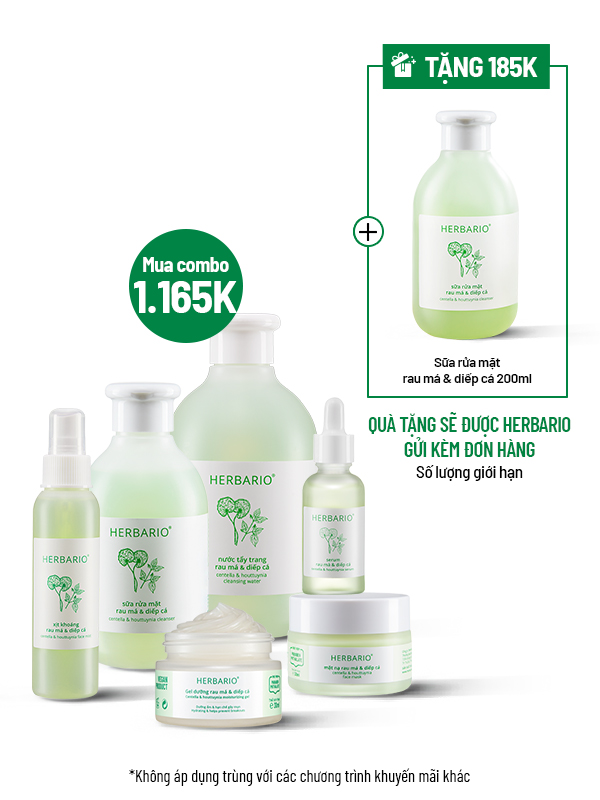 Bộ 6 Toàn diện cho da mụn Rau má & Diếp cá Herbario: Nước tẩy trang 300ml + Sữa rửa mặt 200ml + Mặt nạ 30ml + Serum 30ml + Xịt khoáng 100ml + Gel dưỡng 30ml
