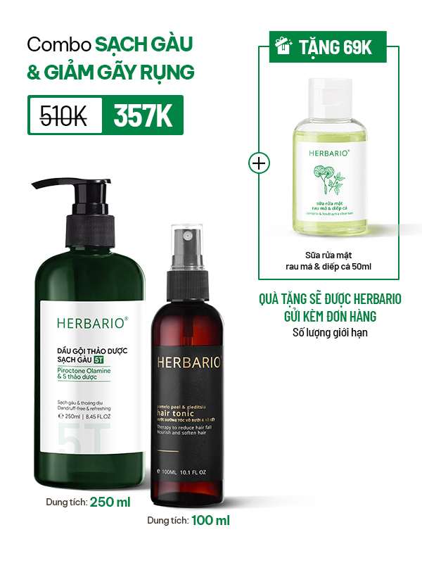 Combo Dầu gội thảo dược sạch gàu 5T Herbario 250ml + Xịt dưỡng tóc vỏ bưởi bồ kết Herbario 100ml