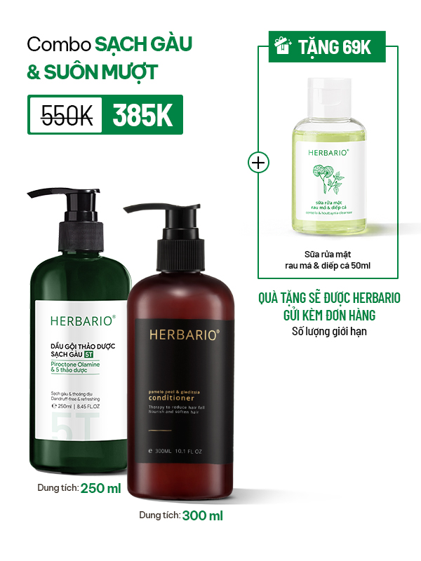 Combo sạch gàu & suôn mượt: Dầu gội thảo dược sạch gàu 5T Herbario 250ml + Dầu xả Vỏ bưởi Bồ kết Herbario 300ml Combo sạch gàu & suôn mượt: Dầu gội thảo dược sạch gàu 5T Herbario 250ml + Dầu xả Vỏ bưởi Bồ kết Herbario 300ml