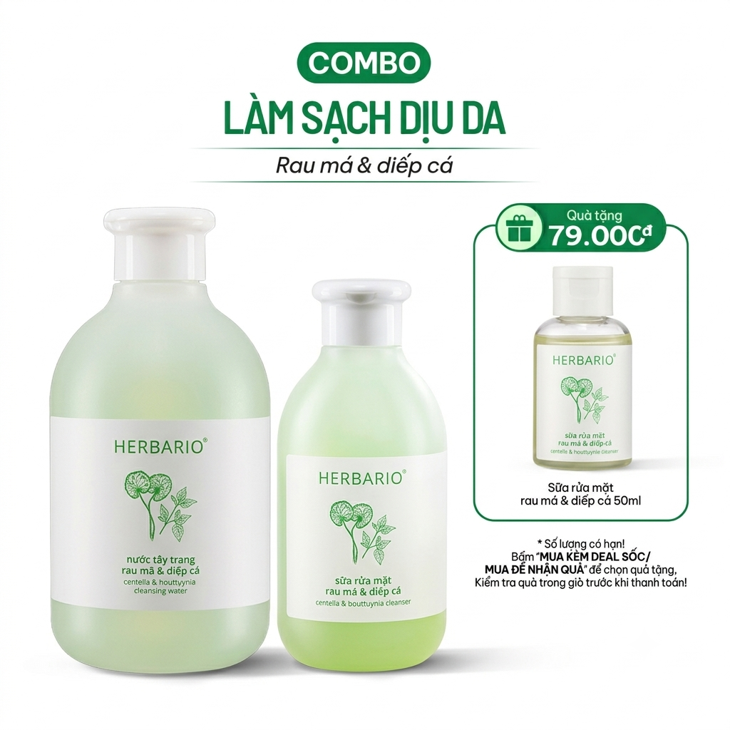 Combo Sữa rửa mặt rau má diếp cá 200ml+ Nước tẩy trang rau má diếp cá Herbario 300ml