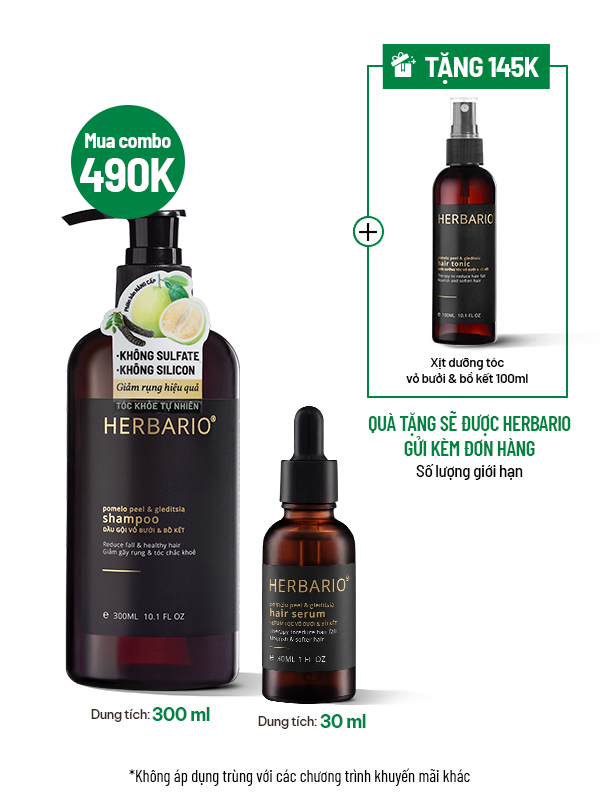 Dầu gội vỏ bưởi bồ kết Herbario 300ml + Serum tóc 30ml Tặng Nước xịt dưỡng tóc 100ml