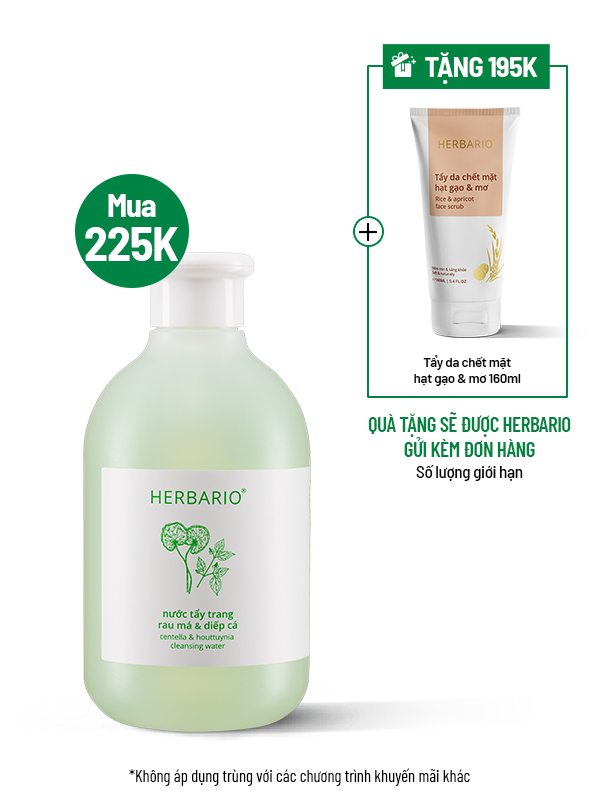Nước tẩy trang Rau Má & Diếp Cá Herbario 300ml Tặng Tẩy da chết mặt gạo & mơ Herbario 160ml 