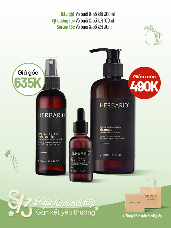[SET QUÀ 8/3] Bộ 3 chăm sóc tóc Dầu gội vỏ bưởi bồ kết 300ml + Nước dưỡng tóc vỏ bưởi bồ kết 100ml+ Serum tóc vỏ bưởi bồ kết 30ml