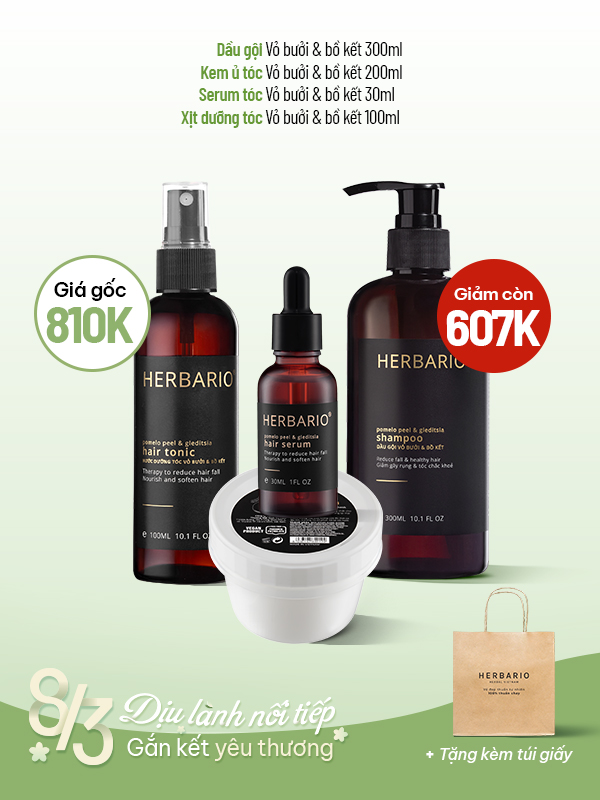 [SET QUÀ 8/3] BỘ 4 chăm sóc tóc Dầu gội vỏ bưởi bồ kết 300ml (0% Sulfate – 0% Silicon) + Kem ủ tóc vỏ bưởi bồ kết 200ml + Serum tóc vỏ bưởi bồ kết 30ml + Nước dưỡng tóc vỏ bưởi bồ kết 100ml