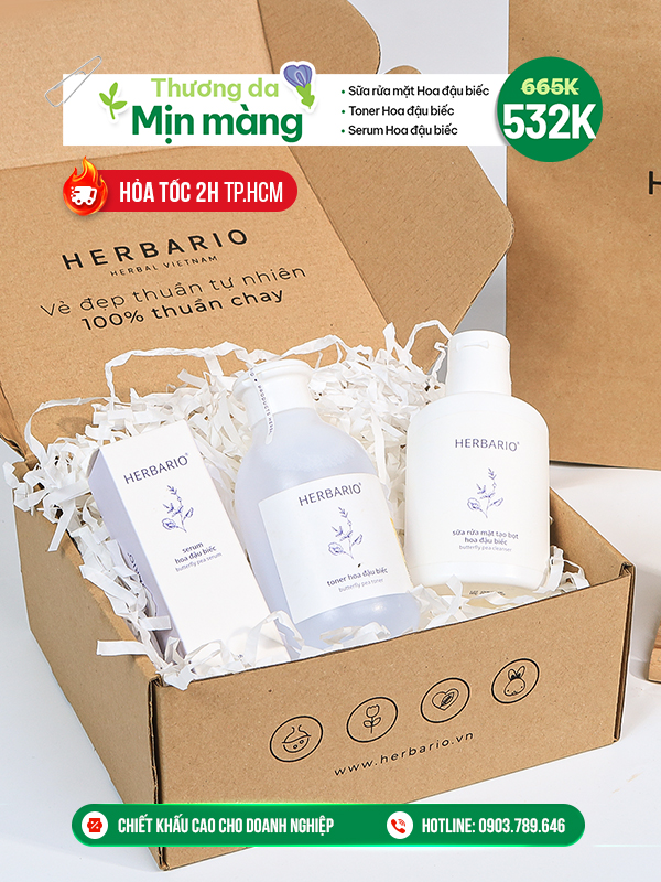[SET QUÀ TẶNG 20/10] Bộ 3 cấp ẩm, ngăn lão hóa da Hoa Đậu Biếc Herbario: Sữa rửa mặt 100ml + Toner 200ml + Serum 30ml