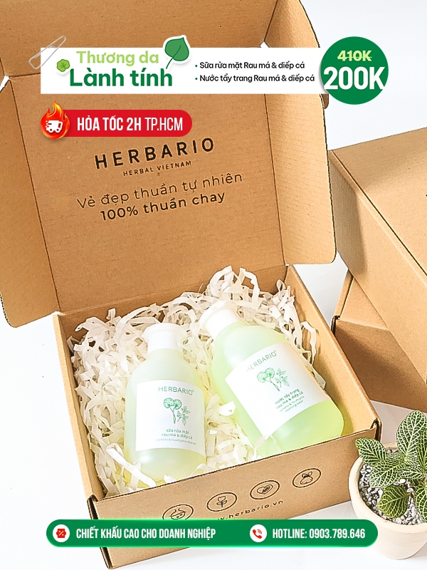 [SET QUÀ TẶNG 20/10] Combo rau má diếp cá Herbario thuần chay: Nước tẩy trang 300ml + Sữa rửa măt 200ml