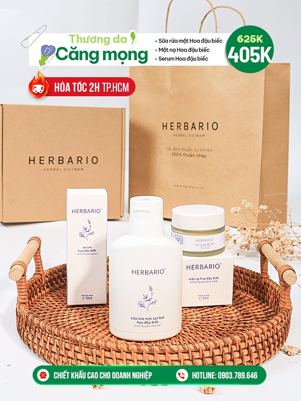 [SET QUÀ TẶNG 20/11] Bộ 3 cấp ẩm, ngăn lão hóa da Hoa Đậu Biếc Herbario: Sữa rửa mặt 100ml + Mặt nạ 30ml + Serum 30ml