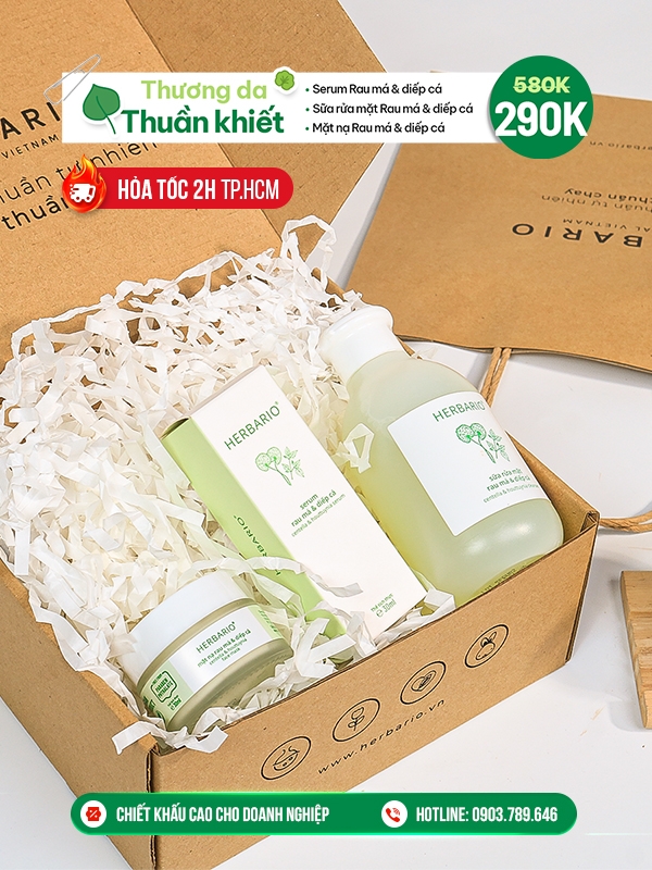 [SET QUÀ TẶNG 20/11] Bộ 3 chăm sóc da mụn cơ bản Rau má & Diếp cá Herbario: Sữa rửa mặt 200ml + Serum 30ml + Mặt nạ 30ml