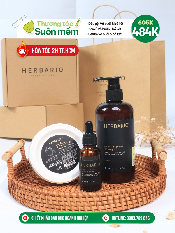 [SET QUÀ TẶNG 20/11] Bộ Dầu gội 300ml vỏ bười bồ kết + Serum mọc tóc 30ml + Kem ủ tóc 200ml vỏ bưởi và bồ kết Herbario