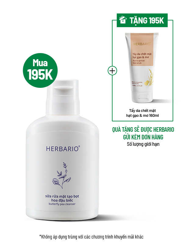 Sữa rửa mặt tạo bọt sẵn hoa đậu biếc Herbario 100ml Tặng Tẩy da chết mặt gạo & mơ Herbario 160ml Sữa rửa mặt tạo bọt sẵn hoa đậu biếc Herbario 100ml Tặng Tẩy da chết mặt gạo & mơ Herbario 160ml