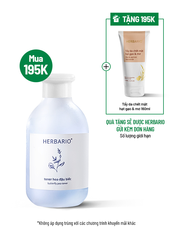 Toner nước cân bằng da Hoa Đậu Biếc herbario 200ml Tặng Tẩy da chết mặt gạo & mơ Herbario 160ml Toner nước cân bằng da Hoa Đậu Biếc herbario 200ml Tặng Tẩy da chết mặt gạo & mơ Herbario 160ml
